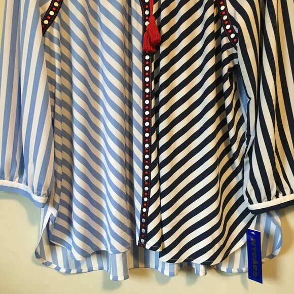 NWT Nygard Missy Indigo & Red Harlequin Striped Tassled Tunic Blouse - Picture 4 of 16